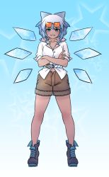 Rule 34 | 1girl, aegir (housamo), aegir (housamo) (cosplay), anchor earrings, aqua eyes, aqua hair, bad id, bad pixiv id, blue eyes, bow, brown shorts, character request, check character, cirno, cosplay, crossed arms, dark-skinned female, dark skin, earrings, eyewear on head, full body, gradient hair, hair bow, highres, jewelry, multicolored hair, open clothes, open shirt, open shorts, sdz (inazuma), shoes, short hair, shorts, single earring, sleeves rolled up, smile, solo, thighs, tokyo houkago summoners, touhou, white hair