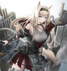 Rule 34 | 1girl, absurdres, animal ears, arknights, bare shoulders, black hairband, black jacket, blonde hair, blue eyes, breasts, cowboy shot, grey tank top, hair ornament, hairband, hairclip, highres, horn (arknights), jacket, long hair, looking at viewer, masai no senshi, medium breasts, off shoulder, open clothes, open jacket, shield, solo, tail, tank top, thighs, wolf ears, wolf girl, wolf tail