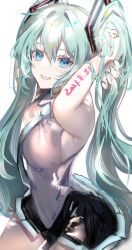 Rule 34 | 1girl, aqua hair, arms up, bad id, bad twitter id, black skirt, blue eyes, blue necktie, commentary, cowboy shot, dated, gawako, grey shirt, hands in hair, hatsune miku, highres, long hair, looking at viewer, necktie, parted lips, pleated skirt, shirt, simple background, skirt, sleeveless, sleeveless shirt, smile, solo, symbol-only commentary, twintails, vocaloid, white background