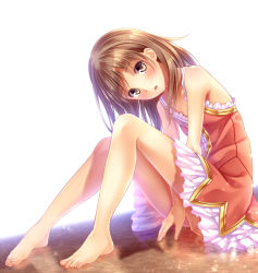 Rule 34 | 1girl, :o, atelier (series), atelier totori, bad id, bad pixiv id, barefoot, blush, brown eyes, brown hair, dress, feet, female focus, full body, head tilt, long hair, open mouth, sitting, solo, toes, totooria helmold, white background, yasuno (airy light)