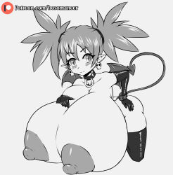 Rule 34 | 1girl, absurdres, blush, bosomancer, breasts, disgaea, etna (disgaea), gigantic breasts, highres, large areolae, looking at viewer, monochrome, nipples, nude, pointy ears, smile, solo, tagme, tail, wings