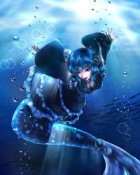 Rule 34 | 1girl, blue hair, breasts, bubble, cleavage, downblouse, drill hair, eyebrows, fins, fish tail, frilled kimono, frills, head fins, highres, japanese clothes, kimono, light rays, lipstick, long sleeves, looking to the side, makeup, mermaid, monster girl, obi, outstretched arms, pale skin, red lips, sakuya (sa ku yan), sash, solo, tail, touhou, underwater, wakasagihime