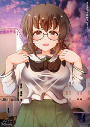 Rule 34 | 1girl, blush, breasts, brown eyes, brown hair, cloud, cloudy sky, collarbone, girls und panzer, glasses, green skirt, highres, large breasts, looking at viewer, megadeko, navel, ooarai school uniform, open mouth, ou taiga, outdoors, pleated skirt, school uniform, short hair, skirt, sky, smile, solo, twintails, upper body