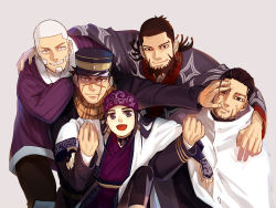 Rule 34 | 10s, 1girl, 4boys, ainu, ainu clothes, arm around shoulder, ash tame, asirpa, bandana, beard, black eyes, black hair, blue eyes, blunt bangs, buzz cut, clenched hand, cloak, coat, earrings, facial hair, fingerless gloves, gloves, golden kamuy, grey background, grin, hair slicked back, hand on another&#039;s face, hat, hoop earrings, jewelry, kiroranke, lifting person, long sideburns, long sleeves, military, military hat, military uniform, multiple boys, ogata hyakunosuke, open mouth, pants, pushing away, pushing face, red eyes, scar, scar on face, scar on mouth, scarf, shiraishi yoshitake, short hair, sideburns, simple background, smile, spiked hair, stubble, sugimoto saichi, uniform, very short hair, white hair