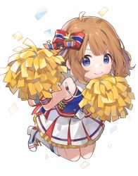 Rule 34 | ahoge, bare shoulders, blue eyes, blue shirt, blush, boots, bow, brown hair, cheerleader, chiri (ch!), closed mouth, confetti, full body, hair between eyes, hair bow, hair ornament, high heel boots, high heels, idolmaster, idolmaster million live!, jumping, looking at viewer, miniskirt, pleated skirt, pom pom (cheerleading), shirt, short hair, simple background, skirt, sleeveless, smile, solo, suou momoko, white background, white legwear, white skirt