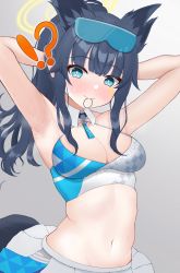 Rule 34 | !?, 1girl, animal ears, armpits, bare arms, bare shoulders, black hair, blue archive, blue eyes, blush, breasts, cheerleader, cleavage, dog ears, dog girl, dog tail, goggles, goggles on head, halo, hibiki (blue archive), hibiki (cheer squad) (blue archive), highres, long hair, looking at viewer, medium breasts, millennium cheerleader outfit (blue archive), mouth hold, navel, official alternate costume, on ura358, simple background, star sticker, sticker on face, stomach, sweat, tail, upper body, yellow halo