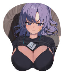 Rule 34 | absurdres, alternate costume, black bra, black shirt, blue archive, blue eyes, blue hair, bra, breast mousepad, breasts, cleavage, clothes lift, dot nose, highres, id card, large breasts, looking at viewer, lovelyme, mousepad, mousepad (medium), official alternate costume, ponytail, pout, shirt, short sleeves, simple background, solo, star (symbol), star sticker, sticker on face, tears, underwear, white background, yuuka (blue archive), yuuka (track) (blue archive)