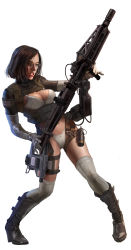 Rule 34 | 1girl, alien (series), aliens (1986), black hair, boots, bra, breasts, cable, caseless firearm, cleavage, clenched teeth, electronic firearm, explosive, forehead, full body, glasses, gloves, grenade, grey thighhighs, gun, hand grenade, harness, heavy machine gun, high heel boots, high heels, highleg, highleg panties, highres, holding, holding gun, holding weapon, holster, knee boots, legs, m56 smartgun, machine gun, medium breasts, nose, original, panties, parted bangs, parted lips, qi wu, realistic, revealing clothes, ribbed legwear, simple background, solo, teeth, thigh holster, thigh strap, thighhighs, underwear, weapon, white background, white bra, white panties