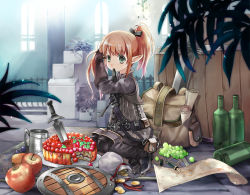 Rule 34 | 10s, 1girl, apple, bag, black footwear, black ribbon, boots, bottle, brown hair, cake, coin, final fantasy, final fantasy xiv, food, fruit, gloves, green eyes, hair ribbon, kneeling, knife, lalafell, mitsukura chikage, mouth hold, pen, pointy ears, red ribbon, ribbon, ribbon in mouth, shield, solo, sword, twintails, tying hair, warrior of light (ff14), weapon