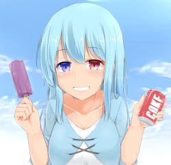Rule 34 | 1girl, aqua hair, blue eyes, blush, breasts, can, cleavage, clothing request, cloud, collarbone, commentary, day, drink can, food, garasuita, grin, heterochromia, highres, holding, holding can, holding food, ice cream, long hair, long sleeves, looking at viewer, medium breasts, outdoors, red eyes, sky, smile, soda can, solo, stitches, tatara kogasa, touhou, upper body