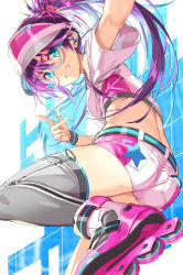 Rule 34 | 1girl, absurdres, ass, bare shoulders, blue eyes, blue hair, clothing cutout, commentary request, crop top, grey hat, grin, hair between eyes, hat, highres, long hair, michairu, multicolored hair, original, purple hair, roller skates, shirt, short shorts, short sleeves, shorts, shoulder cutout, side ponytail, skates, smile, solo, standing, standing on one leg, thighhighs, two-tone hair, very long hair, visor cap, white shirt, white shorts, wide sleeves