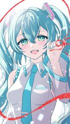 Rule 34 | 1girl, aqua eyes, aqua hair, aqua nails, aqua necktie, blush, breasts, detached sleeves, frills, grey shirt, hatsune miku, highres, long hair, long sleeves, looking at viewer, necktie, open mouth, shirt, small breasts, smile, solo, string, string of fate, tateko25wiz, twintails, upper body, vocaloid