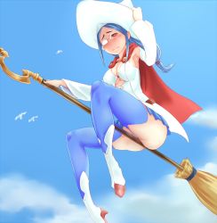 Rule 34 | 1girl, ass, bad id, bad pixiv id, belt, between buttocks, blue hair, blue skirt, blue thighhighs, blush, boots, breasts, broom, broom riding, cameltoe, cape, cleavage, cloud, cosplay, crotch rub, day, embarrassed, floating, from below, glasses, hat, little witch academia, long hair, medium breasts, microskirt, panties, panty peek, pleated skirt, ponytail, red eyes, see-through, see-through panties, shiny chariot, shiny chariot (cosplay), skirt, sky, solo, spoilers, thighhighs, underwear, upskirt, ursula callistis, white panties, witch, witch hat, yakou (4507770)
