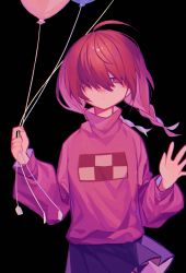 Rule 34 | 1girl, ahoge, balloon, black background, braid, brown hair, chromatic aberration, empty eyes, expressionless, hair over eyes, hand up, highres, holding, holding balloon, long hair, long sleeves, looking at viewer, madotsuki, pink sweater, purple skirt, red eyes, simple background, skirt, solo, stylishtrash, sweater, symbol-shaped pupils, turtleneck, turtleneck sweater, twin braids, yume nikki