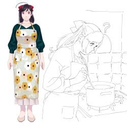 Rule 34 | 1girl, ?, absurdres, ahoge, alternate costume, apron, brown hair, cooking, cooking pot, floral print, full body, green sweater, hair ornament, hair ribbon, hairclip, highres, kantai collection, lineart, long hair, long skirt, long sleeves, looking at viewer, mamiya (kancolle), multiple views, ojipon, outline, print apron, red eyes, ribbon, skirt, standing, sweater, white apron, white background, white footwear, white skirt