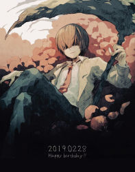 Rule 34 | 1boy, blue pants, brown hair, brown jacket, closed mouth, dated, death note, english text, feet out of frame, fingernails, happy birthday, holding, holding scythe, jacket, ka (marukogedago), crossed legs, long sleeves, looking at viewer, male focus, necktie, open clothes, open jacket, pants, red eyes, red necktie, school uniform, scythe, shirt, short hair, sitting, smile, solo, white shirt, yagami light