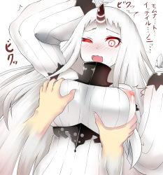 Rule 34 | 10s, 1girl, abyssal ship, blush, grabbing another&#039;s breast, breasts, dress, grabbing, highres, horns, kantai collection, kurono nekomaru, large breasts, long hair, nipple slip, nipples, one eye closed, open mouth, pale skin, red eyes, ribbed dress, seaport princess, single horn, solo focus, sweatdrop, translation request, wavy mouth, white hair, wink