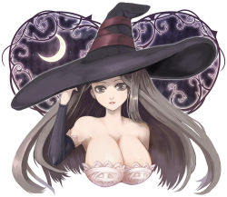 Rule 34 | 1girl, azami, bare shoulders, black eyes, black hair, breasts, cleavage, crescent moon, detached sleeves, dragon&#039;s crown, hat, huge breasts, long hair, looking at viewer, moon, solo, sorceress (dragon&#039;s crown), upper body, witch hat