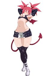 Rule 34 | 1girl, armpits, arms behind head, black gloves, black thighhighs, boots, breasts, cleavage, demon girl, demon tail, disgaea, dismania (xenoman), earrings, elbow gloves, etna (disgaea), full body, gloves, highres, jewelry, miniskirt, navel, nipple slip, nipples, red eyes, red hair, short twintails, skirt, small breasts, solo, standing, tail, thick thighs, thighhighs, thighs, twintails, wide hips, wings