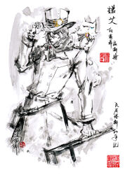 Rule 34 | 1boy, adjusting clothes, adjusting headwear, animal, animal on shoulder, arm up, bag, belt, cat, cat on shoulder, coat, cowboy shot, hat, heterochromia, holding, holding suitcase, ink wash painting, jidao huashi, long sleeves, looking at viewer, male focus, mirror, monochrome, noe archiviste, scarf, short hair, simple background, solo, suitcase, traditional media, vanitas no carte, white background