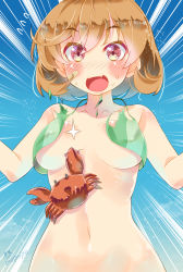 Rule 34 | 10s, 1girl, artist name, assisted exposure, bandaid, bandaid on face, bikini, blush, breasts, brown hair, crab, emphasis lines, fang, flying sweatdrops, gradient background, green bikini, highres, imu sanjo, kantai collection, looking at viewer, navel, oboro (kancolle), open mouth, signature, solo, sweat, swimsuit, torn bikini, torn clothes, torn swimsuit