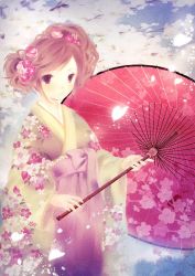 Rule 34 | 1girl, brown hair, cherry blossoms, flower, japanese clothes, kimono, oil-paper umbrella, solo, umbrella