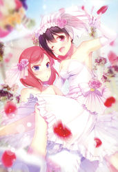 Rule 34 | 10s, 2girls, :o, ;d, \m/, absurdres, armpits, bare shoulders, black hair, blurry, blurry background, bow, breasts, carrying, collarbone, dress, elbow gloves, flower, frilled dress, frills, gloves, gunp, hair flower, hair ornament, hand gesture, highres, lens flare, looking at viewer, love live!, love live! school idol project, medium breasts, multiple girls, nishikino maki, one eye closed, open mouth, parted lips, petals, pink flower, pink rose, princess carry, purple eyes, red eyes, red hair, rose, rose petals, scan, see-through, shiny skin, short hair, short twintails, smile, swept bangs, tareme, twintails, veil, wedding dress, white bow, white dress, white gloves, wife and wife, yazawa nico, yuri