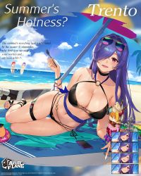 Rule 34 | 3girls, :d, alternate costume, azur lane, beach, beach mat, beach umbrella, belly chain, bikini, black bikini, blue hair, blue sky, breasts, character name, cleavage, cloud, commentary, day, english commentary, expressions, eyewear on head, food, full body, hair over one eye, hand up, highres, holding, holding spoon, ice cream, jewelry, large breasts, logo, long hair, looking at viewer, lying, multicolored hair, multiple girls, navel, ocean, official alternate costume, official art, on side, open mouth, outdoors, pola (azur lane), pola (seaside coincidence) (azur lane), purple eyes, purple hair, sand, sandals, sidelocks, sky, smile, splashing, spoon, stomach, sundae, sunglasses, swimsuit, trento (azur lane), trento (summer&#039;s hotness?) (azur lane), umbrella, watermark, zara (azur lane), zara (poolside coincidence) (azur lane)