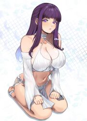 Rule 34 | 1girl, alternate costume, blunt bangs, blush, breasts, chaichne, cleavage, closed mouth, commentary, criss-cross halter, english commentary, fern (sousou no frieren), full body, halterneck, highres, kneeling, large breasts, long hair, looking at viewer, navel, pelvic curtain, purple eyes, purple hair, revealing clothes, sidelocks, simple background, solo, sousou no frieren, straight hair, white background