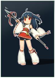 Rule 34 | 1girl, absurdres, ahoge, barefoot, bike shorts, black background, blue hair, border, closed mouth, commentary request, dot nose, full body, highres, holding, holding polearm, holding weapon, japanese clothes, kuma-bound, leg warmers, long hair, miko, original, polearm, red eyes, simple background, smile, solo, spear, standing, weapon, white border, wide sleeves