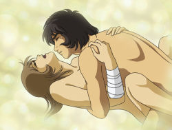 Rule 34 | 1boy, 1girl, bandages, black hair, brown hair, censored, convenient censoring, closed eyes, face-to-face, hetero, kodai susumu, lying, missionary, mori yuki, nude, on back, open mouth, parted lips, sex, sparkle, sweatdrop, tenmaoh, uchuu senkan yamato, vaginal, yellow background