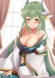 Rule 34 | 1girl, backlighting, bare shoulders, blue kimono, blurry, blurry background, blush, breasts, cleavage, collarbone, curtains, depth of field, closed eyes, fate/grand order, fate (series), green eyes, green hair, highres, horns, indoors, japanese clothes, kimono, kiyohime (fate), large breasts, long hair, long sleeves, looking at viewer, maosame, multicolored hair, obi, off shoulder, open clothes, open kimono, sash, solo, streaked hair, sweat, very long hair, white legwear, wide sleeves, window