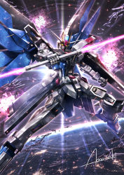 Rule 34 | amasaki yusuke, beam saber, double-blade, earth (planet), explosion, freedom gundam, glowing, glowing eyes, gundam, gundam seed, head tilt, highres, holding, holding sword, holding weapon, mecha, mechanical wings, no humans, planet, robot, science fiction, shield, signature, solo, space, sword, v-fin, weapon, wings