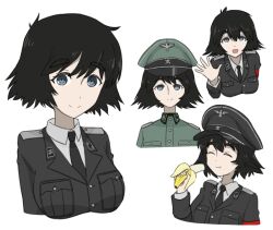 Rule 34 | :d, banana, black hair, blue eyes, eating, eyebrows, eyebrows hidden by hair, food, fruit, hat, looking at viewer, military hat, military uniform, nazi, necktie, nullpo, open mouth, pale skin, reichsadler, shiina mayuri, short hair, simple background, smile, ss insignia, steins;gate, uniform, waving, white background