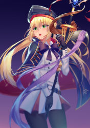Rule 34 | 1girl, absurdres, artoria caster (fate), artoria caster (second ascension) (fate), artoria pendragon (fate), belt, beret, black bow, black gloves, black pantyhose, blonde hair, blue belt, blue cloak, blue headwear, blush, bow, buttons, cloak, collar, collared shirt, fate/grand order, fate (series), gem, gloves, gold trim, green eyes, green gemstone, hair between eyes, hair bow, hat, highres, holding, long hair, long sleeves, multicolored cloak, night, night sky, open mouth, ornament, pantyhose, pink ribbon, purple bow, ribbon, rumuxuyin, shirt, simple background, skirt, sky, standing, twintails, white shirt, white skirt