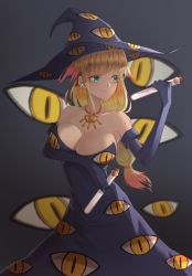 Rule 34 | 1girl, absurdres, blonde hair, breasts, cleavage, demia duodectet, earrings, elbow gloves, gloves, gradient hair, green eyes, hat, highres, ishuzoku reviewers, jewelry, large breasts, multicolored hair, necklace, test tube, tjrwnsleo, witch, witch hat