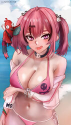 Rule 34 | 1girl, :d, absurdres, alfarejected, artist name, bare shoulders, beach, bikini, bird, black hair, breasts, cleavage, day, fang, front-tie bikini top, front-tie top, goddess of victory: nikke, hair ornament, highres, holding own arm, jacket, large breasts, long hair, looking at viewer, mast (a pirate&#039;s heart) (nikke), mast (nikke), morgan (nikke), multicolored hair, navel, ocean, off-shoulder jacket, off shoulder, official alternate costume, open mouth, parrot, pink bikini, pink eyes, pink hair, sand, shiny skin, side-tie bikini bottom, skin fang, skull choker, skull hair ornament, skull print, smile, solo, streaked hair, swimsuit, thong, thong bikini, twintails, water, white jacket, wide hips