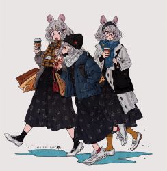 Rule 34 | 3girls, :o, animal ears, backpack, bag, black dress, black hairband, black legwear, blue jacket, blue scarf, bow, braid, brown eyes, brown legwear, brown scarf, buttons, coat, coffee cup, commentary, cup, curly hair, dated, disposable cup, dress, drinking, drinking straw, from side, full body, fusuma (nohbrk), glasses, grey background, grey coat, grey hair, grey jacket, hair bow, hair ornament, hairband, hairclip, handbag, highres, holding, holding cup, jacket, looking at another, mouse ears, multiple girls, original, paper bag, plaid, plaid scarf, profile, red-framed eyewear, red legwear, scarf, shoes, side braid, signature, simple background, sneakers, socks, walking, white footwear, white scarf