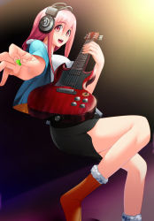 Rule 34 | 1girl, blush, breasts, dyda, electric guitar, female focus, gradient background, guitar, headphones, highres, instrument, large breasts, long hair, looking at viewer, nitroplus, open mouth, pink eyes, pink hair, plectrum, smile, solo, super sonico, unplugged