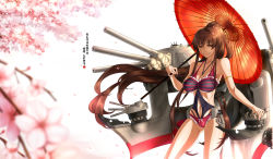 Rule 34 | 10s, 1girl, breasts, brown eyes, brown hair, cameltoe, cleft of venus, kantai collection, kantai collection (anime), large breasts, long hair, looking at viewer, mecha musume, ponytail, shoujo donburi, smile, solo, swimsuit, umbrella, yamato (kancolle)