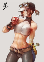 Rule 34 | 1girl, abs, arm behind back, bandaid, bandaid on face, bandaid on nose, bare shoulders, belt, bottle, breasts, brown eyes, brown hair, cameltoe, clair andrews, covered erect nipples, cowboy shot, drinking, ehrgeiz, female focus, goggles, goggles on headwear, halterneck, halterneck, hat, large breasts, looking at viewer, midriff, muscular, muscular female, navel, short hair, short ponytail, signature, solo, sowel (sk3), toned