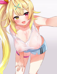 Rule 34 | 1girl, :d, absurdres, bare arms, bare shoulders, bent over, blonde hair, blue shorts, blush, breasts, cleavage, collarbone, feet out of frame, festa11307070, gradient background, hair ornament, hanging breasts, heterochromia, highres, hoshikawa sara, hoshikawa sara (1st costume), large breasts, long hair, looking at viewer, nijisanji, nipples, no bra, open mouth, outstretched arm, red eyes, selfie, shirt, short shorts, shorts, side ponytail, sidelocks, simple background, skindentation, sleeveless, sleeveless shirt, smile, solo, standing, thigh strap, very long hair, virtual youtuber, white background, white shirt, x hair ornament, yellow eyes
