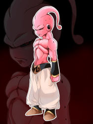 Rule 34 | 1boy, 41 (taskmaster41), bad id, bad pixiv id, baggy pants, bald, black sclera, bracer, colored sclera, colored skin, dragon ball, dragonball z, frown, kid buu, majin buu, male focus, muscular, navel, pants, pink skin, red eyes, solo, topless male, zoom layer