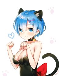 Rule 34 | 10s, 1girl, :3, animal ears, artist name, ayami (annahibi), bare shoulders, bell, blue eyes, blue hair, breasts, cat ears, cat tail, choker, cleavage, closed mouth, hair ornament, jingle bell, kemonomimi mode, kittysuit, large breasts, leotard, looking at viewer, neck bell, nontraditional playboy bunny, paw pose, re:zero kara hajimeru isekai seikatsu, rem (re:zero), short hair, simple background, solo, tail, x hair ornament