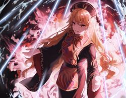 Rule 34 | 1girl, ap5ry, aura, blonde hair, blush, breasts, brown sash, chinese clothes, commentary request, energy, eyes visible through hair, fox print, fox tail, gold trim, hair between eyes, highres, junko (touhou), large breasts, long hair, long sleeves, looking at viewer, multiple tails, neck ribbon, obi, outstretched arms, parted lips, phoenix crown, print tabard, ribbon, sash, smile, solo, standing, tabard, tail, tassel, touhou, wide sleeves, yellow eyes, yellow ribbon