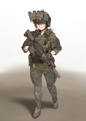 Rule 34 | 1girl, absurdres, american flag, ammunition belt, assault rifle, blonde hair, brown footwear, camouflage, ear protection, flashlight, full body, glowstick, gun, helmet, highres, holding, holding weapon, laser sight, load bearing vest, looking to the side, m4 carbine, military, military uniform, night vision device, original, pen guin15, radio, rifle, short hair, sleeves rolled up, solo, suppressor, trigger discipline, uniform, weapon, white background, yellow eyes