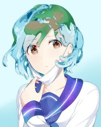 Rule 34 | 1girl, absurdres, artist name, blue background, blue hair, brown eyes, collarbone, colored eyelashes, earth-chan, earth (planet), eyelashes, gradient background, green hair, hair between eyes, highres, looking at viewer, mask, mask pull, mouth mask, multicolored hair, original, planet, purple sailor collar, sad, sailor collar, school uniform, shirt, short hair, solo, sunnypoppy, surgical mask, two-tone hair, white shirt