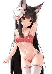 Rule 34 | 1girl, :o, absurdres, animal ear fluff, animal ears, arm up, armpits, azur lane, bare shoulders, black hair, breasts, fox ears, fox mask, highres, jewelry, long hair, looking at viewer, mask, mask on head, nagato-chan, nagato (azur lane), nagato (great fox&#039;s respite) (azur lane), navel, necklace, pajamas, panties, red panties, shadow, simple background, small breasts, solo, strap slip, thighhighs, underwear, very long hair, white background, white thighhighs, window, yellow eyes