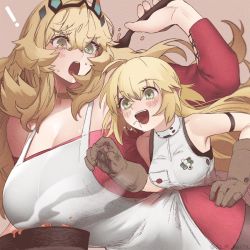 Rule 34 | 2girls, ahoge, artoria caster (fate), artoria caster (first ascension) (fate), artoria pendragon (fate), belt, blonde hair, blush, breasts, cake, dress, barghest (fate), fairy knight gawain (like a lady) (fate), fate/grand order, fate (series), food, gloves, green eyes, grey gloves, horns, kaita (mokamilkcup), large breasts, long hair, looking at viewer, medium breasts, multiple girls, off-shoulder sweater, off shoulder, open mouth, red sweater, sleeveless, sleeveless dress, smile, sweater, twintails, white dress