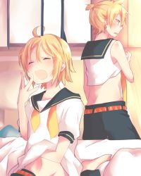 Rule 34 | 1boy, 1girl, ahoge, aoi choko (aoichoco), bed, bed sheet, belt, blonde hair, blue eyes, blush, brother and sister, closed eyes, confused, cosplay, costume switch, hand on own stomach, highres, kagamine len, kagamine rin, messy hair, midriff, neck ribbon, open mouth, sailor collar, sailor shirt, scratching, shirt, short hair, short ponytail, shorts, siblings, sleepy, sleeveless, sleeveless shirt, tears, twins, undone neck ribbon, vocaloid, waking up, window, yawning, yellow neckwear